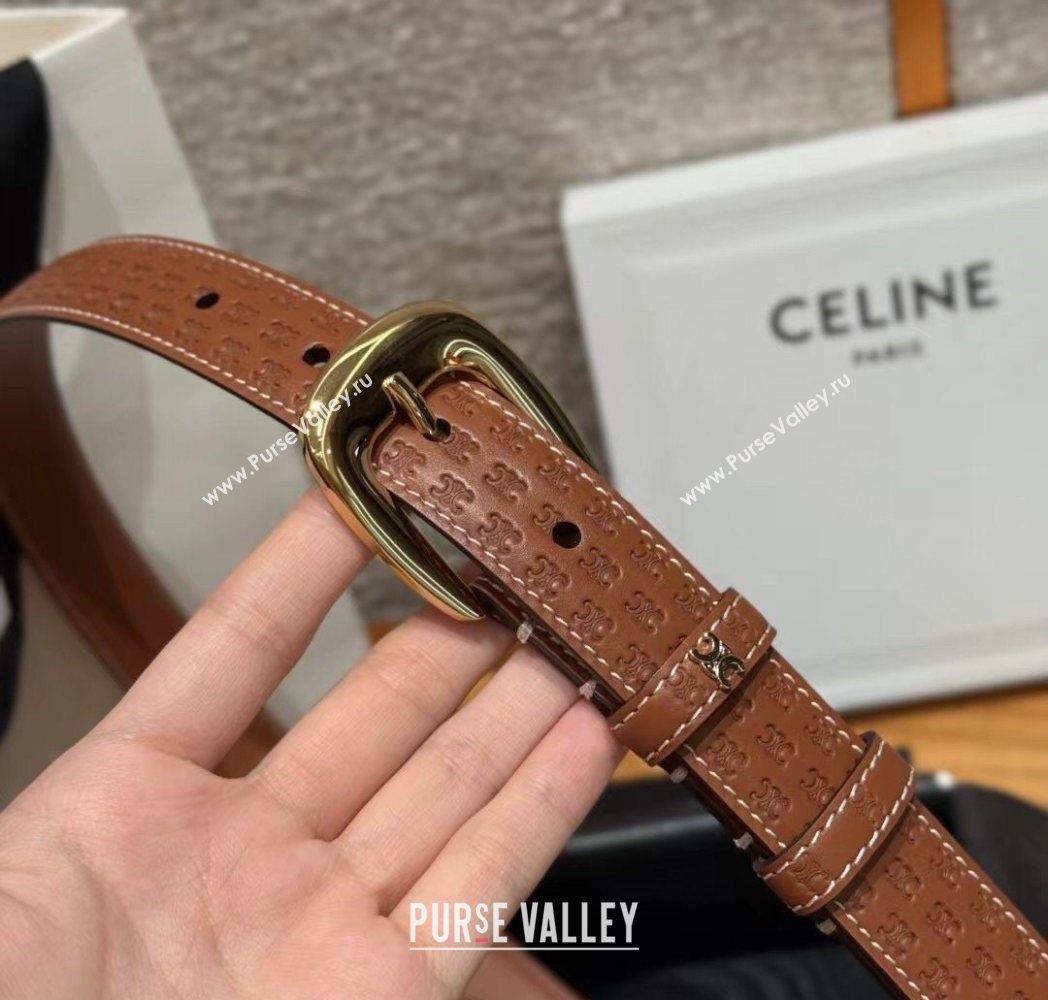 Celine Logo Embossed Calfskin Belt 2.5cm with Pin Buckle Brown 2025 CE091105 (99-250911125)