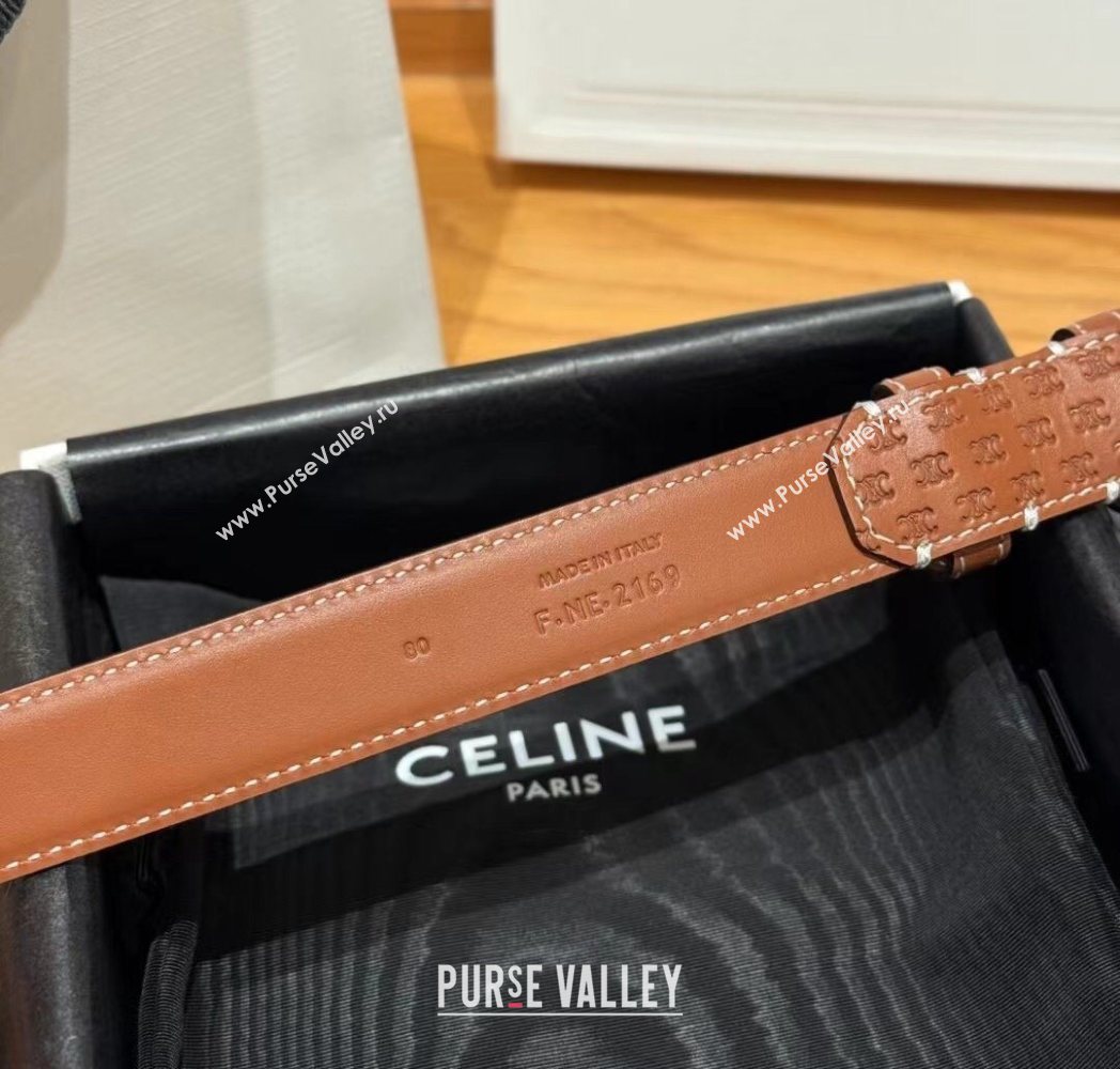 Celine Logo Embossed Calfskin Belt 2.5cm with Pin Buckle Brown 2025 CE091105 (99-250911125)