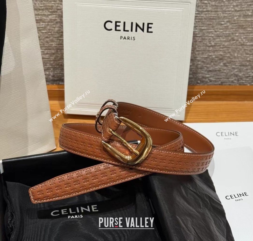 Celine Logo Embossed Calfskin Belt 2.5cm with Pin Buckle Brown 2025 CE091105 (99-250911125)