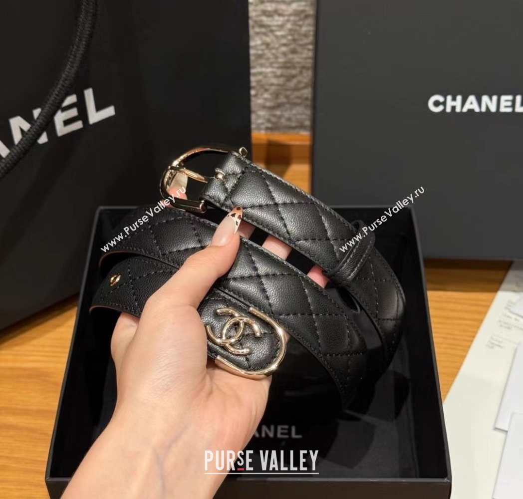 Chanel Quilted Calfskin Leather Belt 3cm with Pin Buckle Black/Gold 2025 CH091107 (99-250911143)