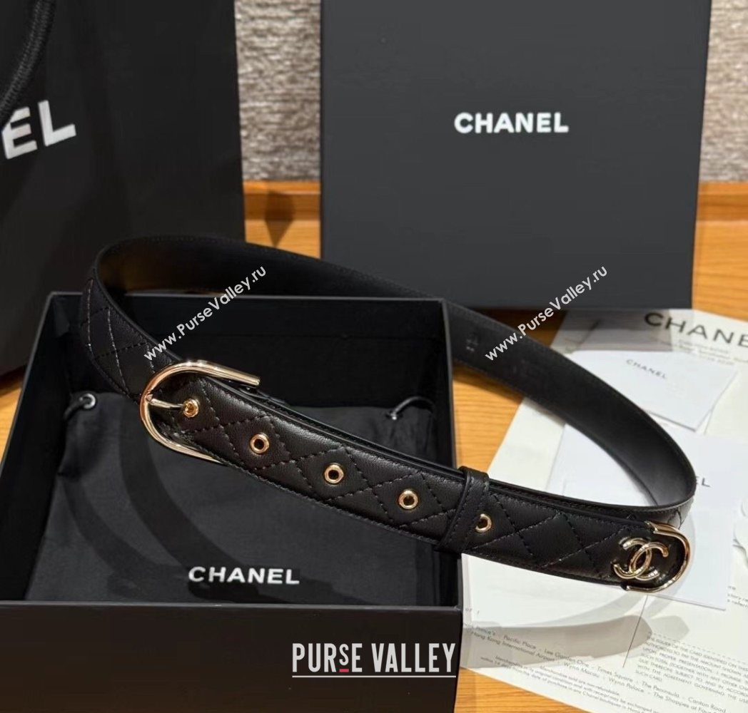 Chanel Quilted Calfskin Leather Belt 3cm with Pin Buckle Black/Gold 2025 CH091107 (99-250911143)