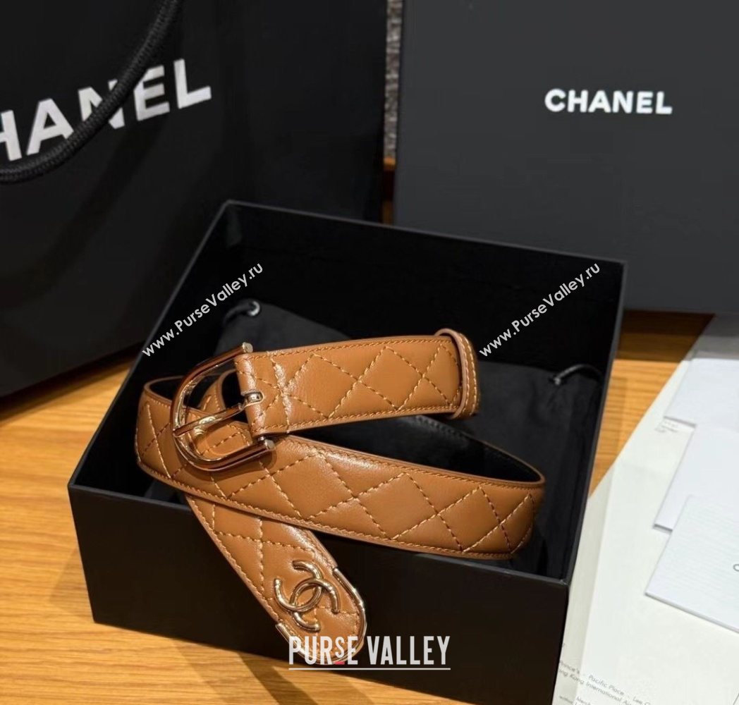 Chanel Quilted Calfskin Leather Belt 3cm with Pin Buckle Brown 2025 CH091107 (99-250911145)