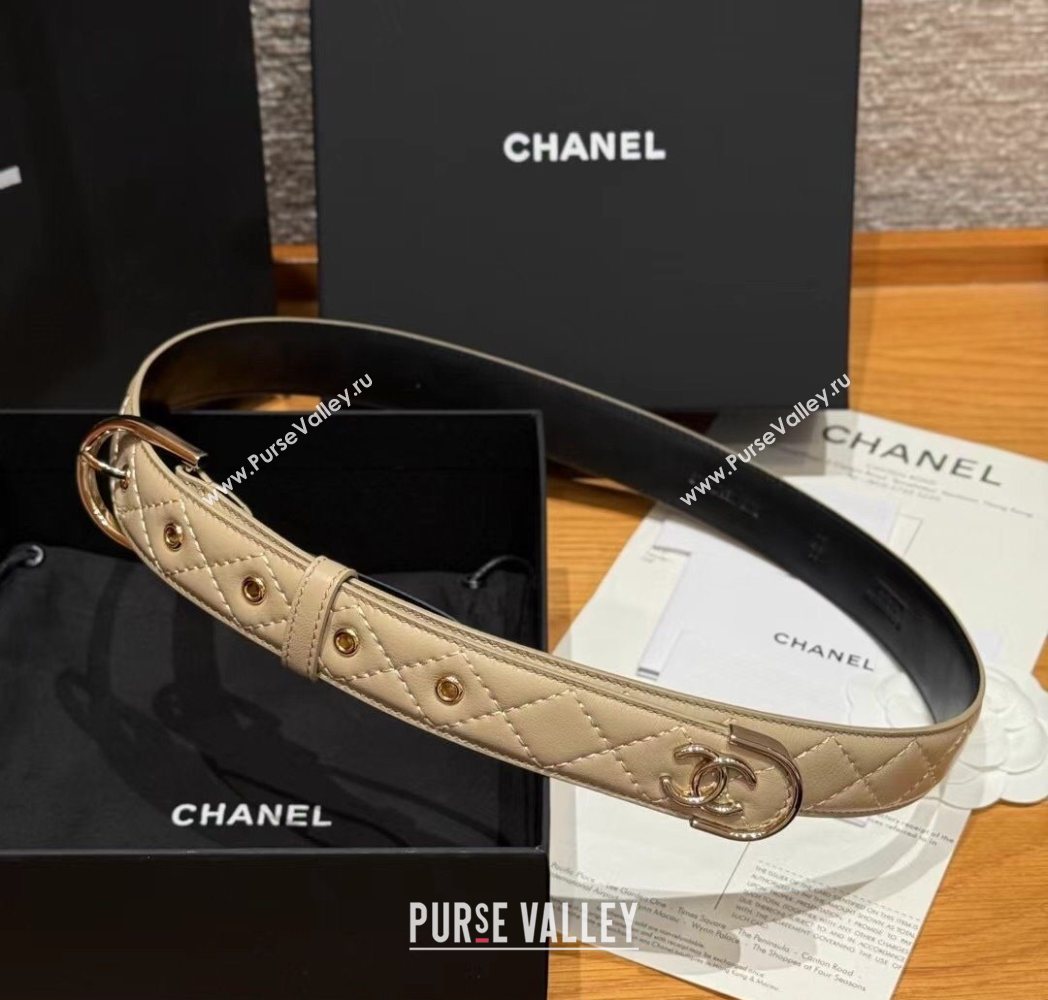 Chanel Quilted Calfskin Leather Belt 3cm with Pin Buckle Beige 2025 CH091107 (99-250911146)