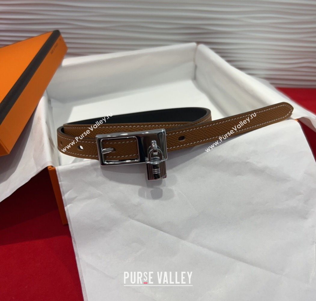 Hermes Lucky Lock Reversible Belt 1.7cm in Calfskin Leather Brown/Silver 2025 HS091201 (99-250912027)