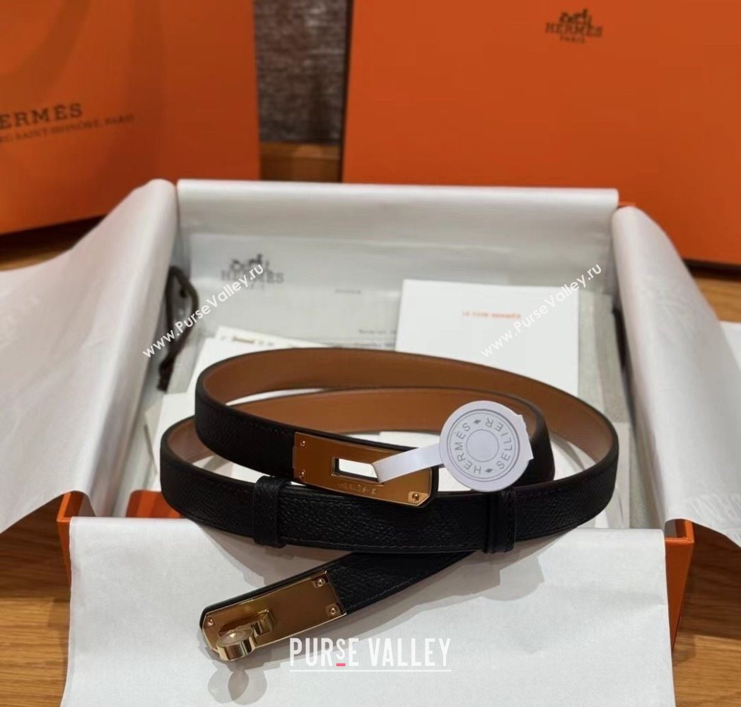 Hermes Hunter Calfskin Leather Belt 1.8cm with Kelly Buckle Black/Gold 2025 HS091202 (99-250912033)