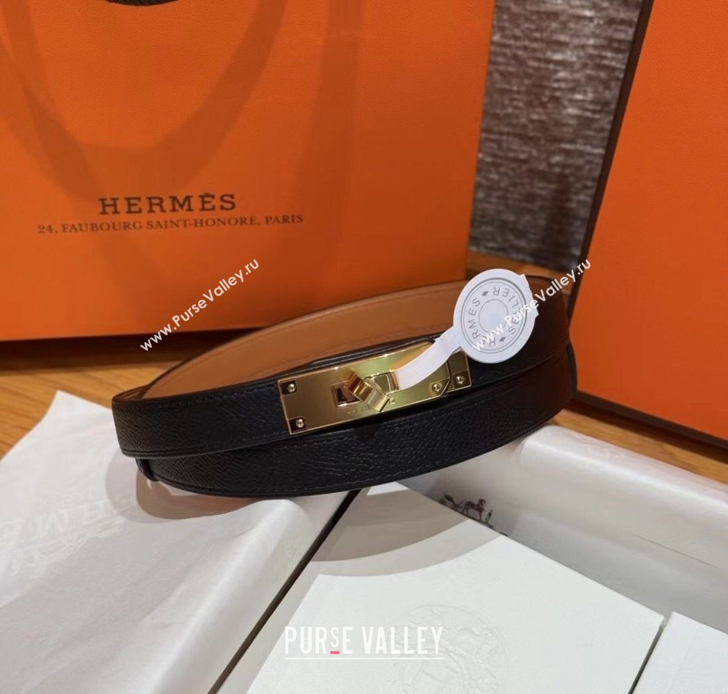 Hermes Hunter Calfskin Leather Belt 1.8cm with Kelly Buckle Black/Gold 2025 HS091202 (99-250912033)