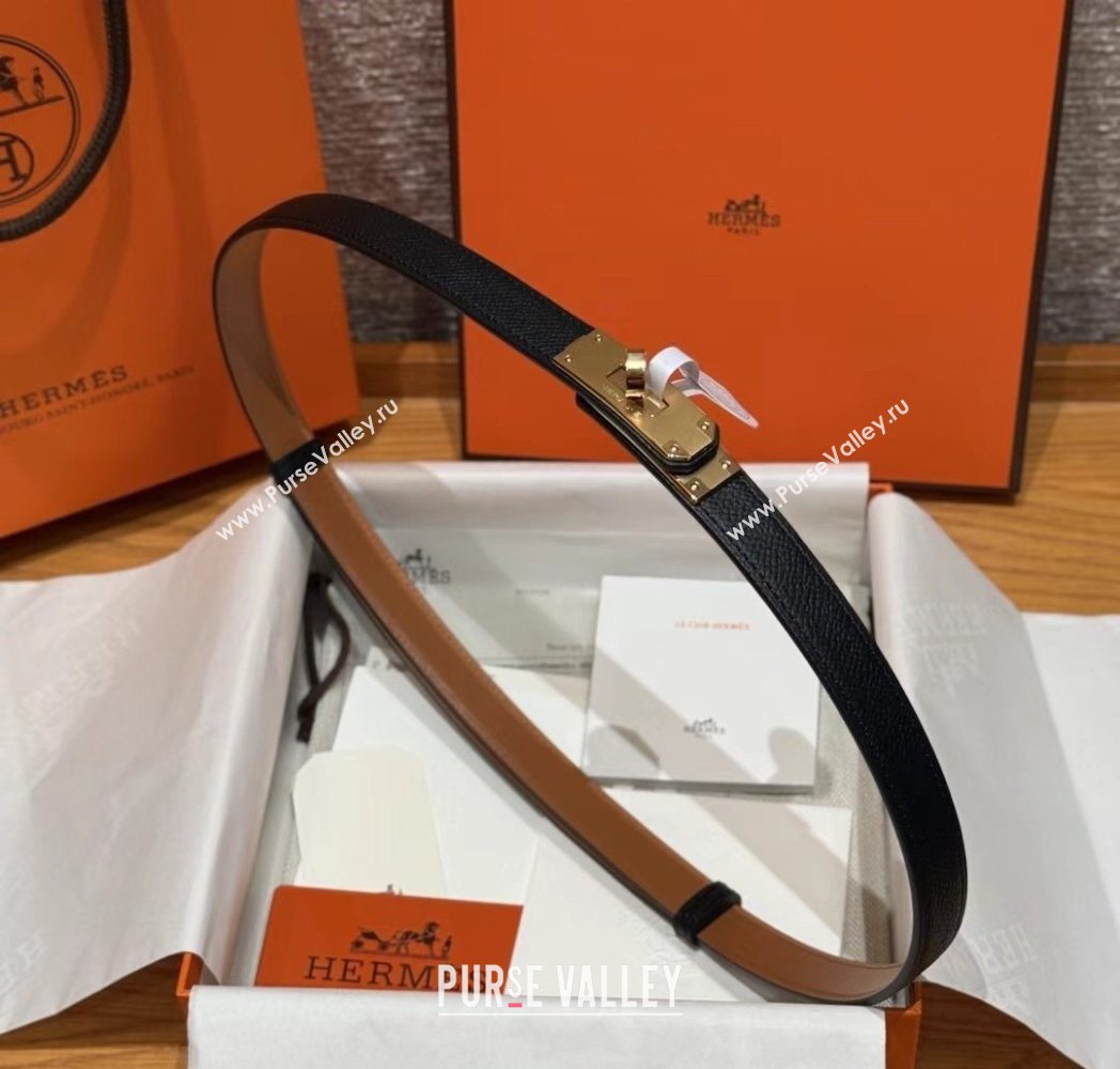 Hermes Hunter Calfskin Leather Belt 1.8cm with Kelly Buckle Black/Gold 2025 HS091202 (99-250912033)