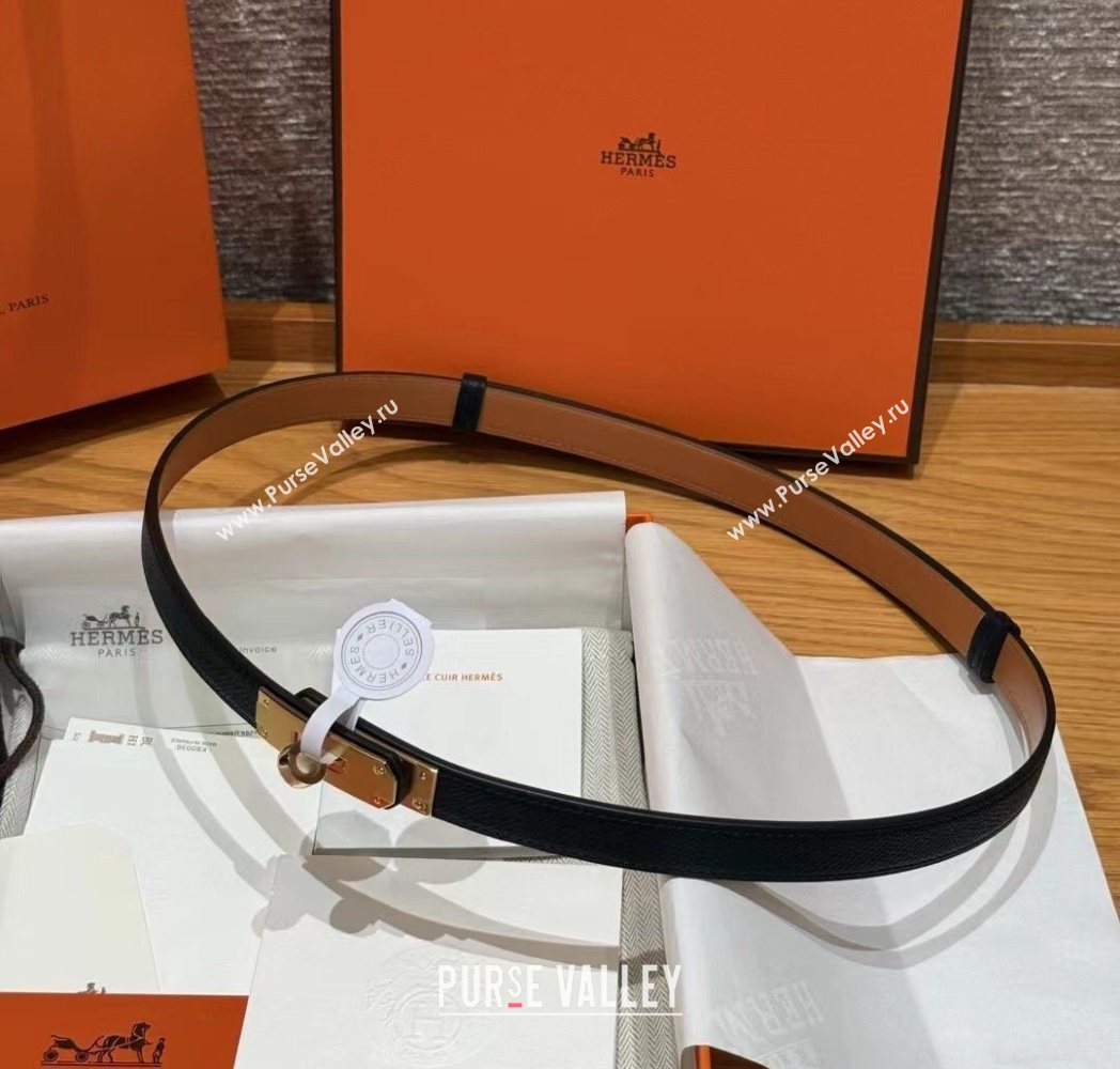 Hermes Hunter Calfskin Leather Belt 1.8cm with Kelly Buckle Black/Gold 2025 HS091202 (99-250912033)