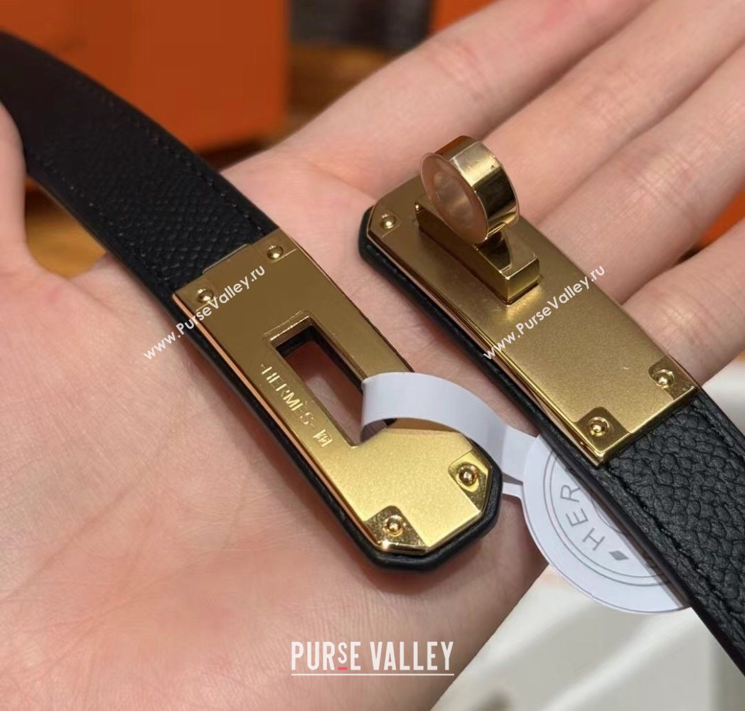 Hermes Hunter Calfskin Leather Belt 1.8cm with Kelly Buckle Black/Gold 2025 HS091202 (99-250912033)