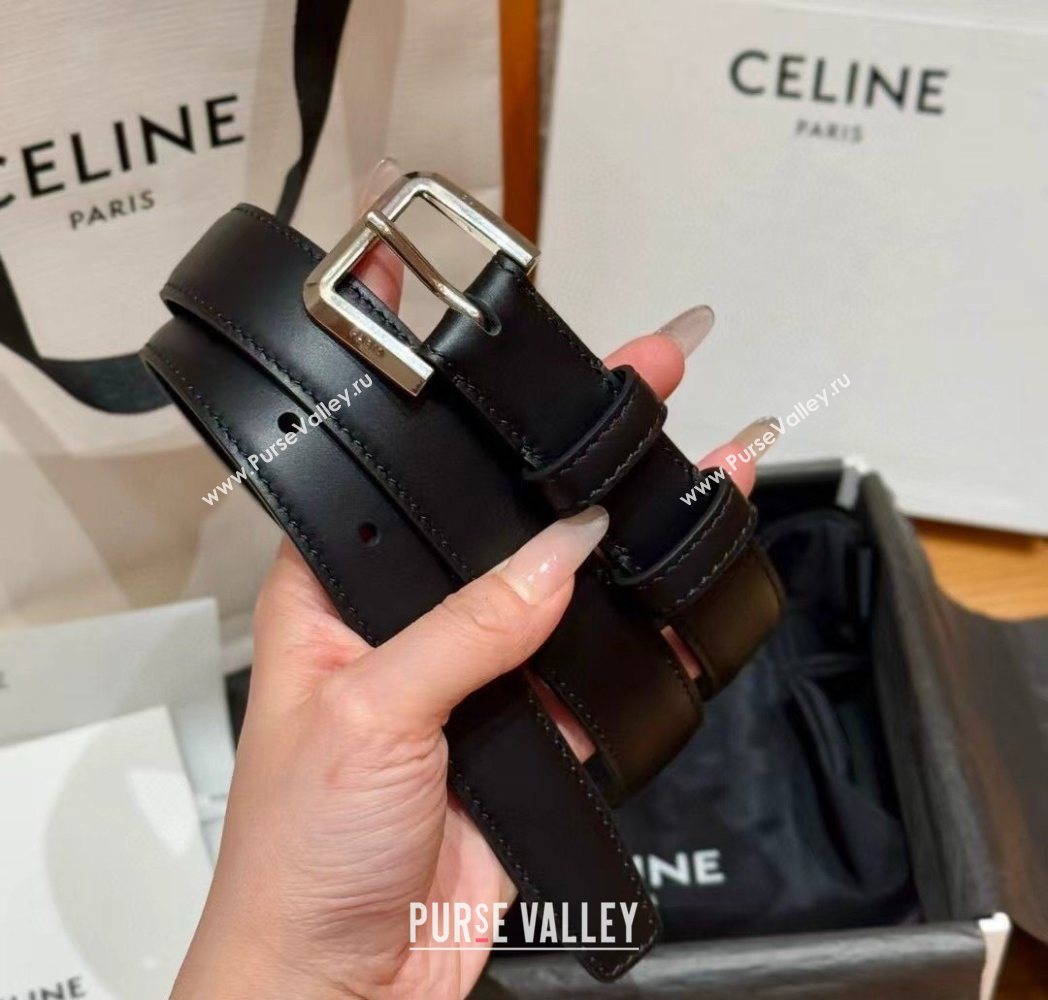 Celine Supple Calfskin Leather Belt 2.5cm with Pin Buckle Black/Silver 2025 CE0911098 (99-250911098)
