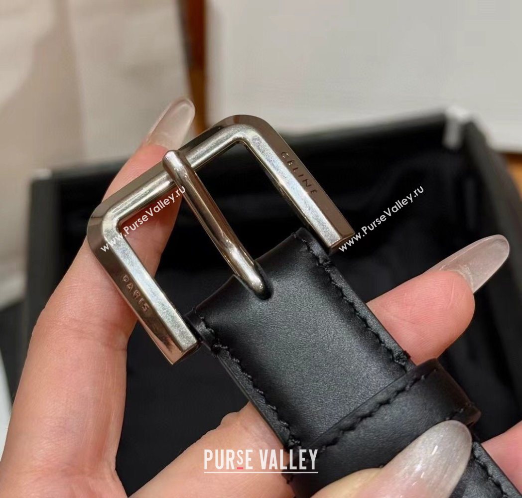 Celine Supple Calfskin Leather Belt 2.5cm with Pin Buckle Black/Silver 2025 CE0911098 (99-250911098)