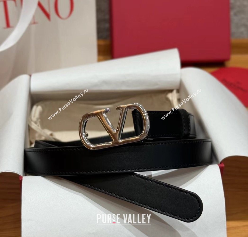 Valentino VLogo Calfskin Leather Belt 2cm Black/Silver 2025 VL091201 (99-250912081)