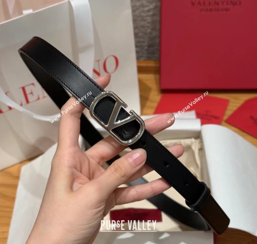 Valentino VLogo Calfskin Leather Belt 2cm Black/Silver 2025 VL091201 (99-250912081)
