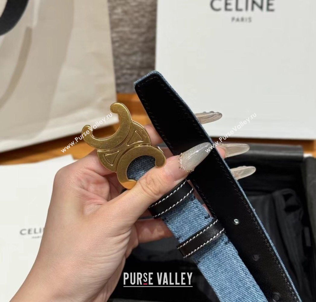 Celine Denim and Leather Belt 2.5cm with Triomphe Buckle Blue/Black/Gold2 2025 CE0911099 (99-250911100)
