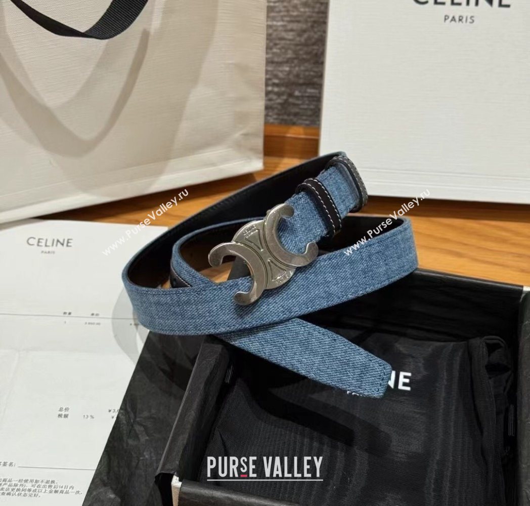 Celine Denim and Leather Belt 2.5cm with Triomphe Buckle Blue/Black/Silver 2025 CE0911099 (99-250911101)