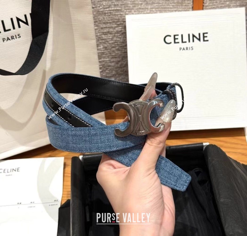 Celine Denim and Leather Belt 2.5cm with Triomphe Buckle Blue/Black/Silver 2025 CE0911099 (99-250911101)