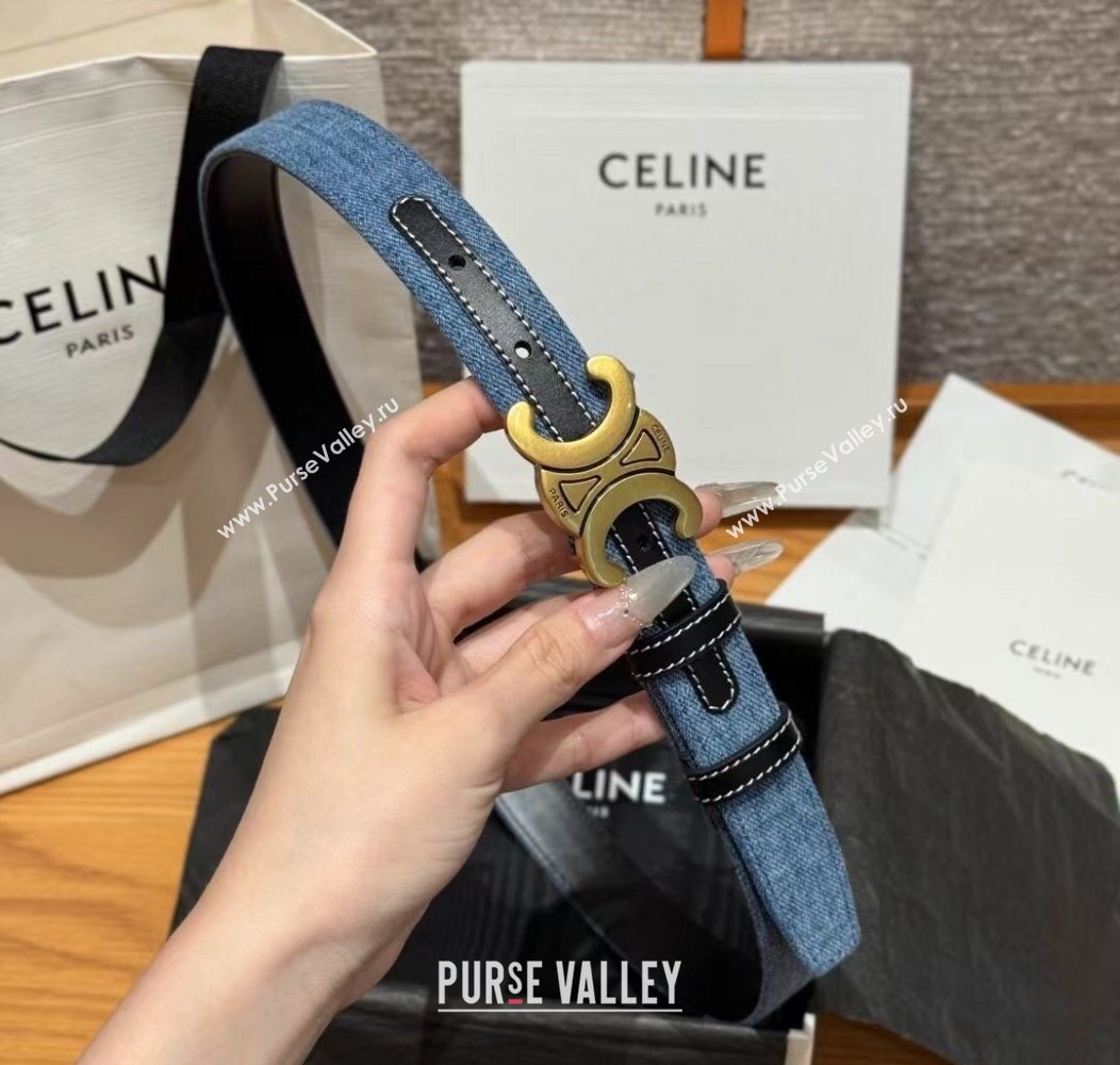 Celine Denim and Leather Belt 2.5cm with Triomphe Buckle Blue/Black/Shiny Gold 2025 CE0911099 (99-250911102)
