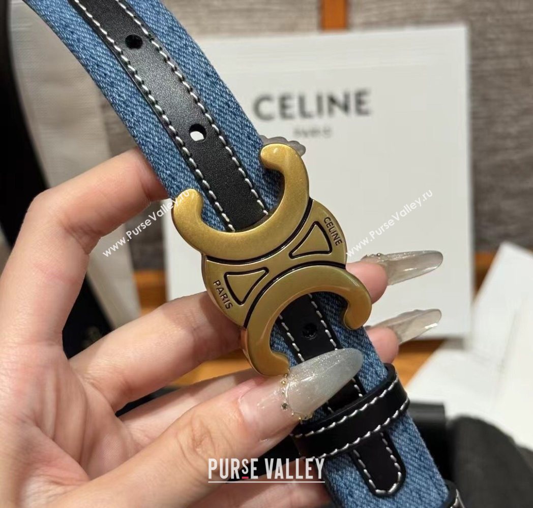 Celine Denim and Leather Belt 2.5cm with Triomphe Buckle Blue/Black/Shiny Gold 2025 CE0911099 (99-250911102)