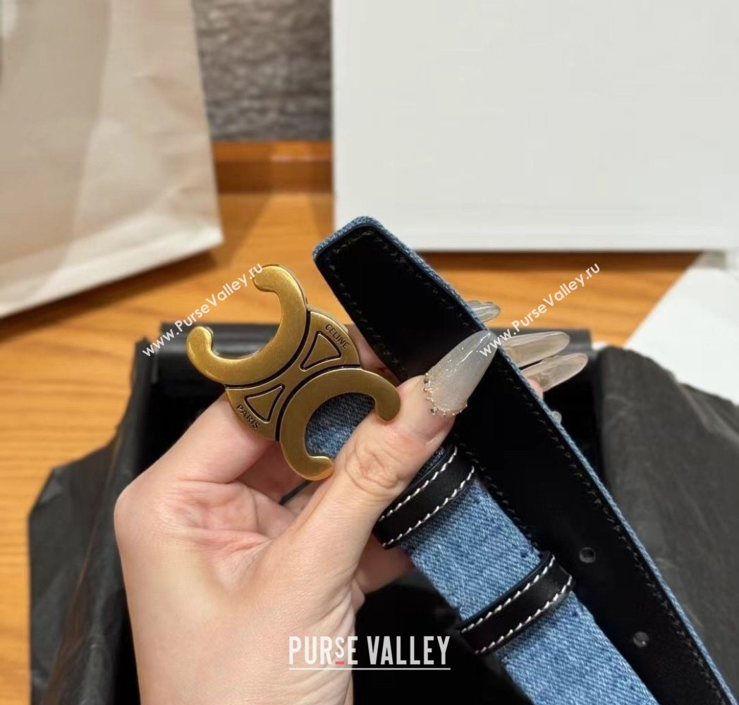 Celine Denim and Leather Belt 2.5cm with Triomphe Buckle Blue/Black/Shiny Gold 2025 CE0911099 (99-250911102)