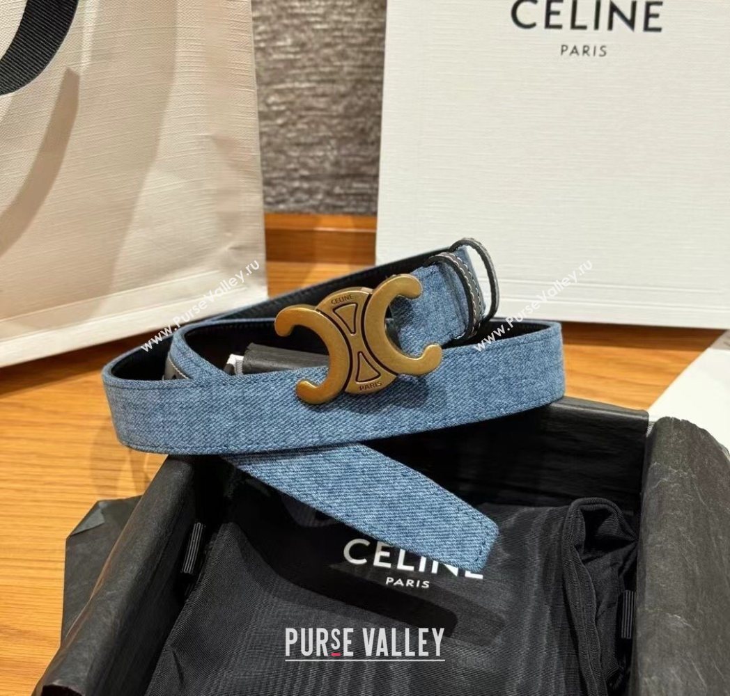 Celine Denim and Leather Belt 2.5cm with Triomphe Buckle Blue/Black/Shiny Gold 2025 CE0911099 (99-250911102)