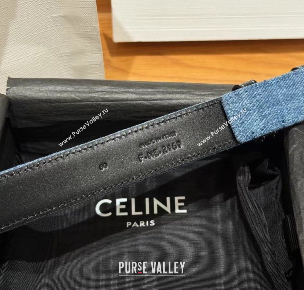 Celine Denim and Leather Belt 2.5cm with Triomphe Buckle Blue/Black/Shiny Gold 2025 CE0911099 (99-250911102)