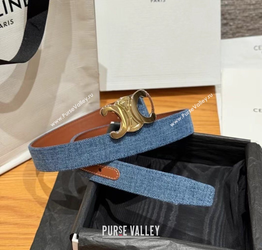Celine Denim and Leather Belt 2.5cm with Triomphe Buckle Blue/Brown/Gold 2025 CE0911099 (99-250911103)