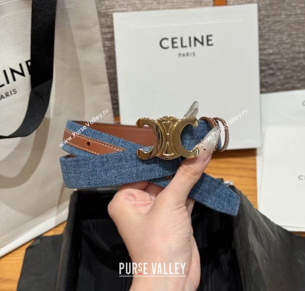 Celine Denim and Leather Belt 2.5cm with Triomphe Buckle Blue/Brown/Gold 2025 CE0911099 (99-250911103)