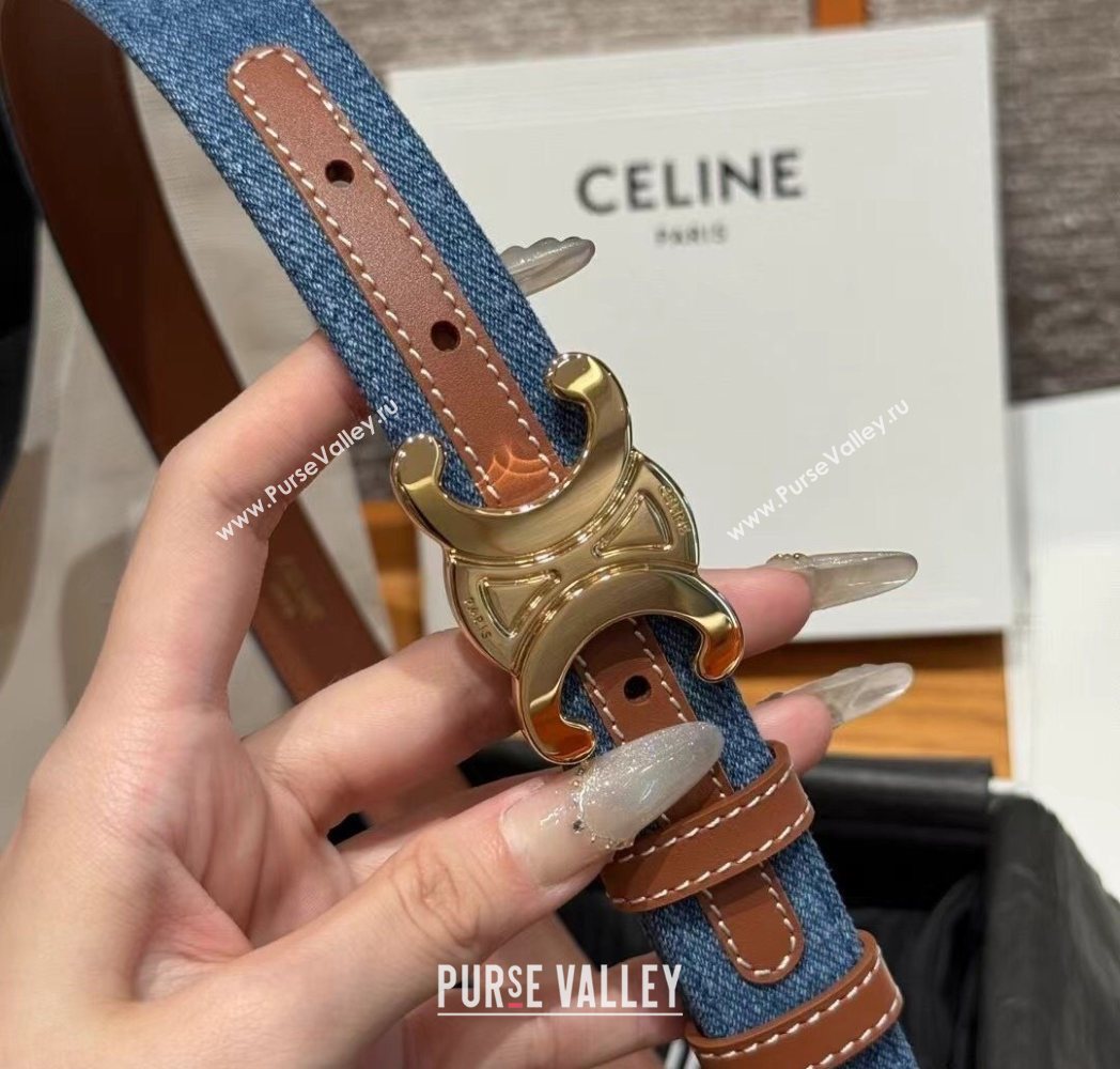Celine Denim and Leather Belt 2.5cm with Triomphe Buckle Blue/Brown/Gold 2025 CE0911099 (99-250911103)
