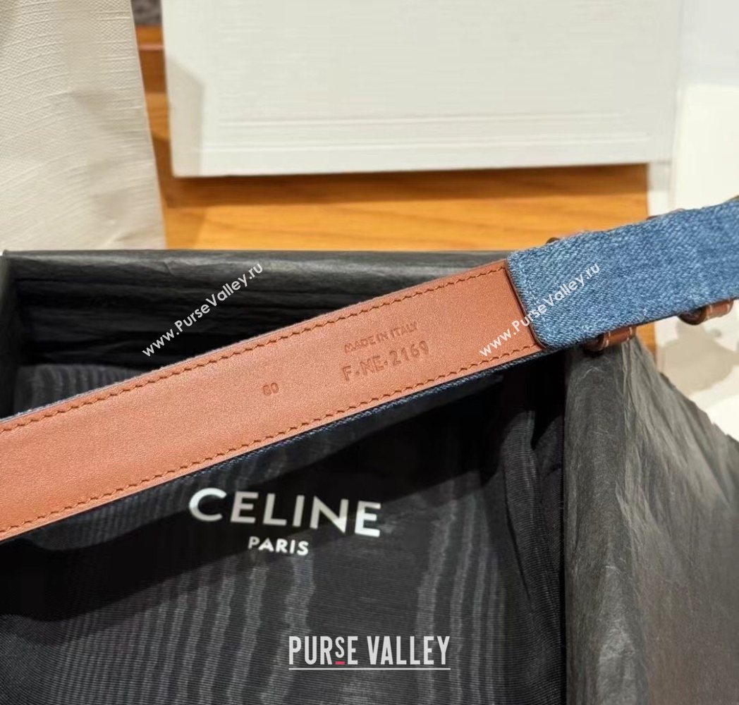 Celine Denim and Leather Belt 2.5cm with Triomphe Buckle Blue/Brown/Gold 2025 CE0911099 (99-250911103)