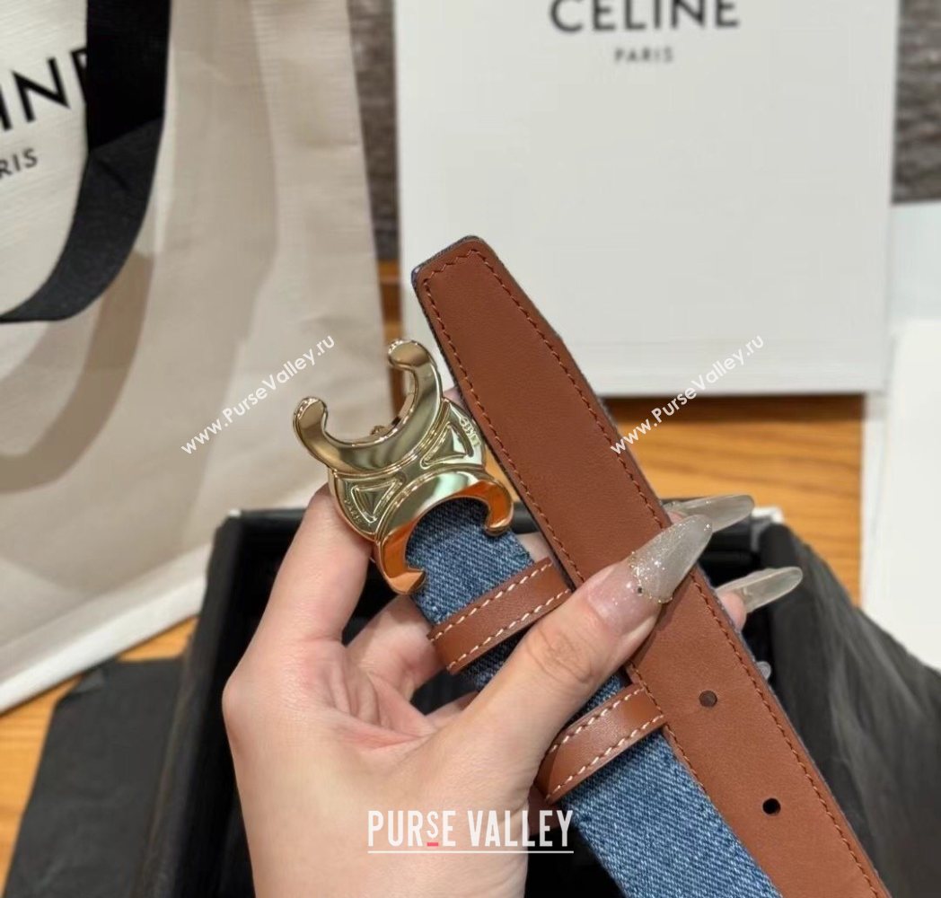 Celine Denim and Leather Belt 2.5cm with Triomphe Buckle Blue/Brown/Gold 2025 CE0911099 (99-250911103)