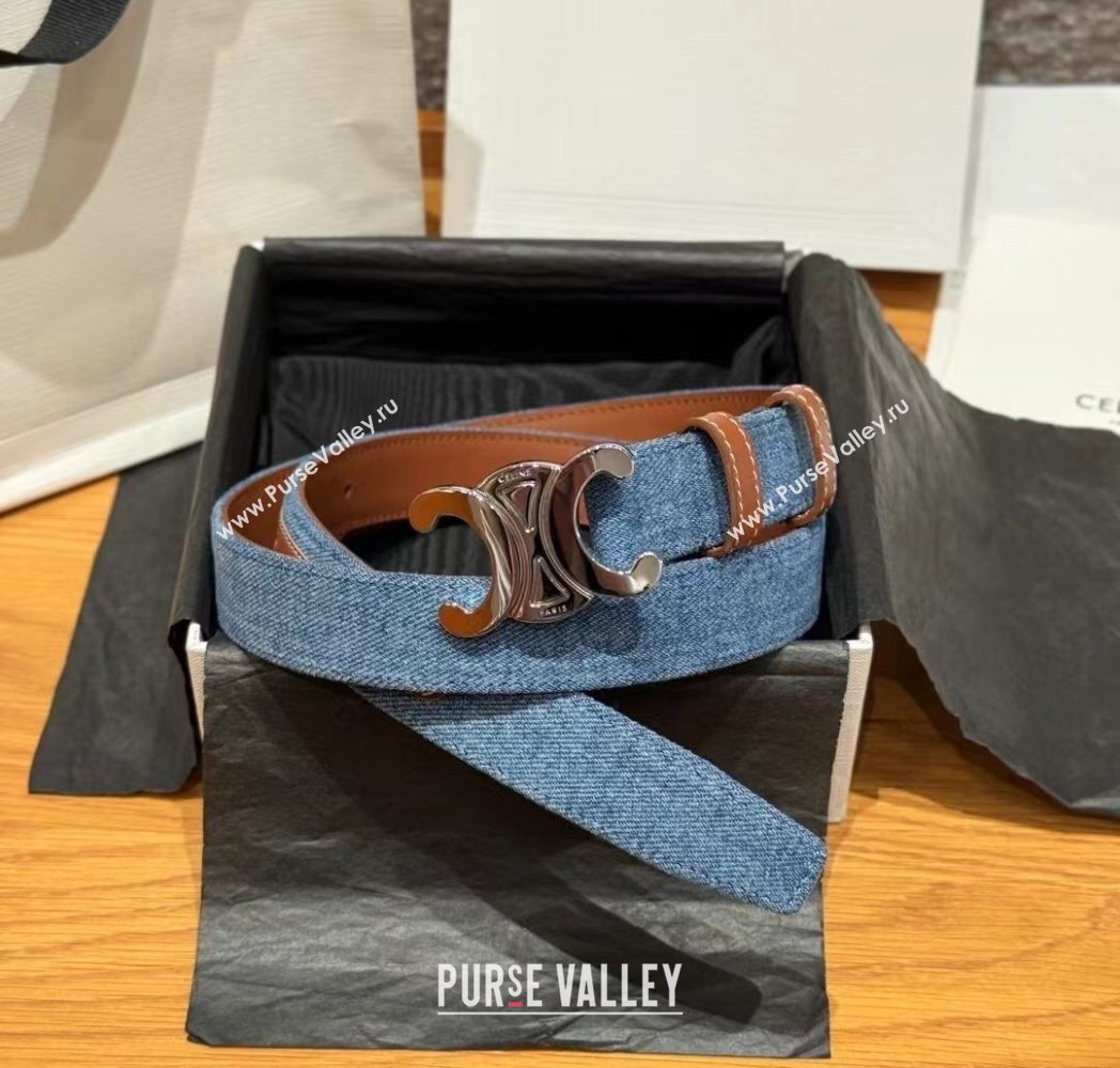 Celine Denim and Leather Belt 2.5cm with Triomphe Buckle Blue/Brown/Silver 2025 CE0911099 (99-250911104)