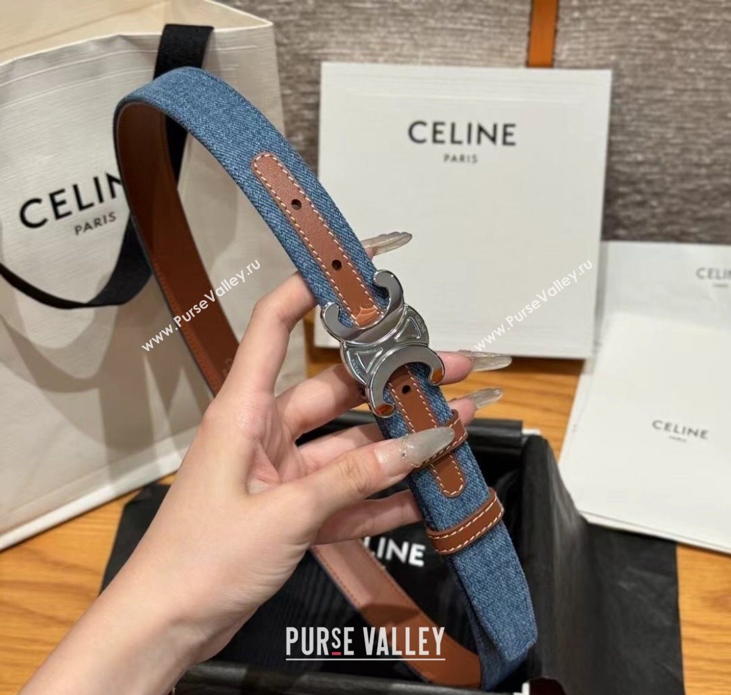 Celine Denim and Leather Belt 2.5cm with Triomphe Buckle Blue/Brown/Silver 2025 CE0911099 (99-250911104)