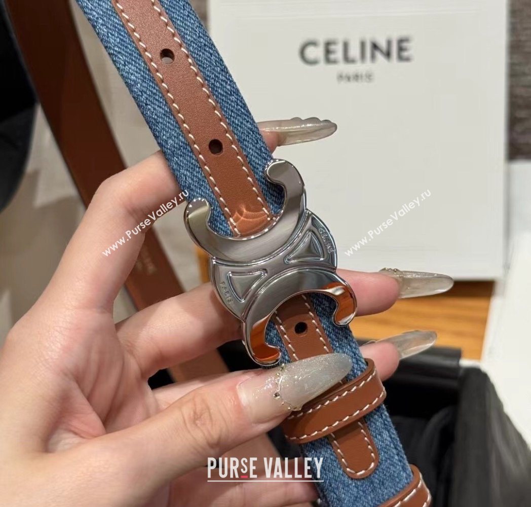 Celine Denim and Leather Belt 2.5cm with Triomphe Buckle Blue/Brown/Silver 2025 CE0911099 (99-250911104)