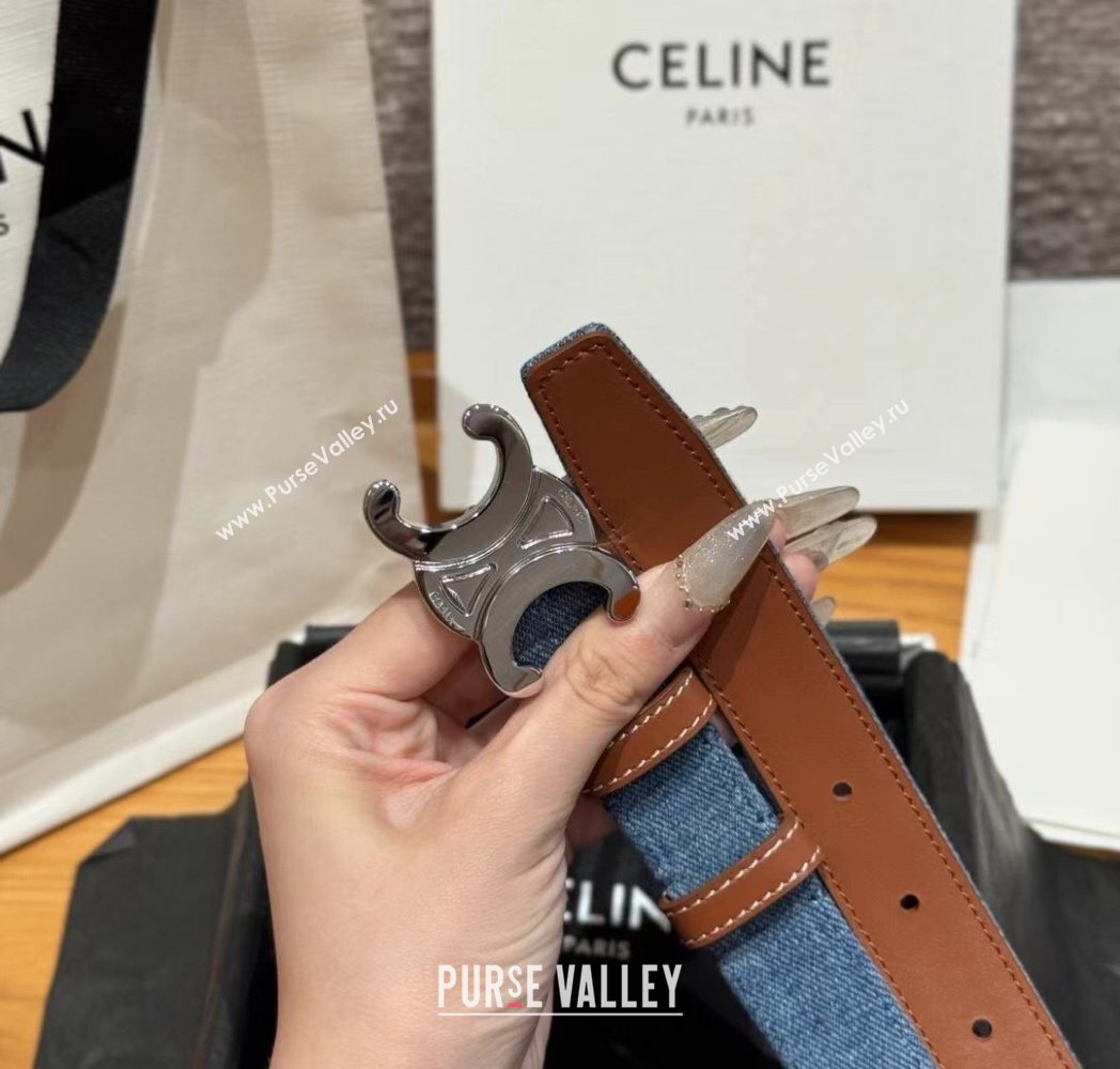 Celine Denim and Leather Belt 2.5cm with Triomphe Buckle Blue/Brown/Silver 2025 CE0911099 (99-250911104)