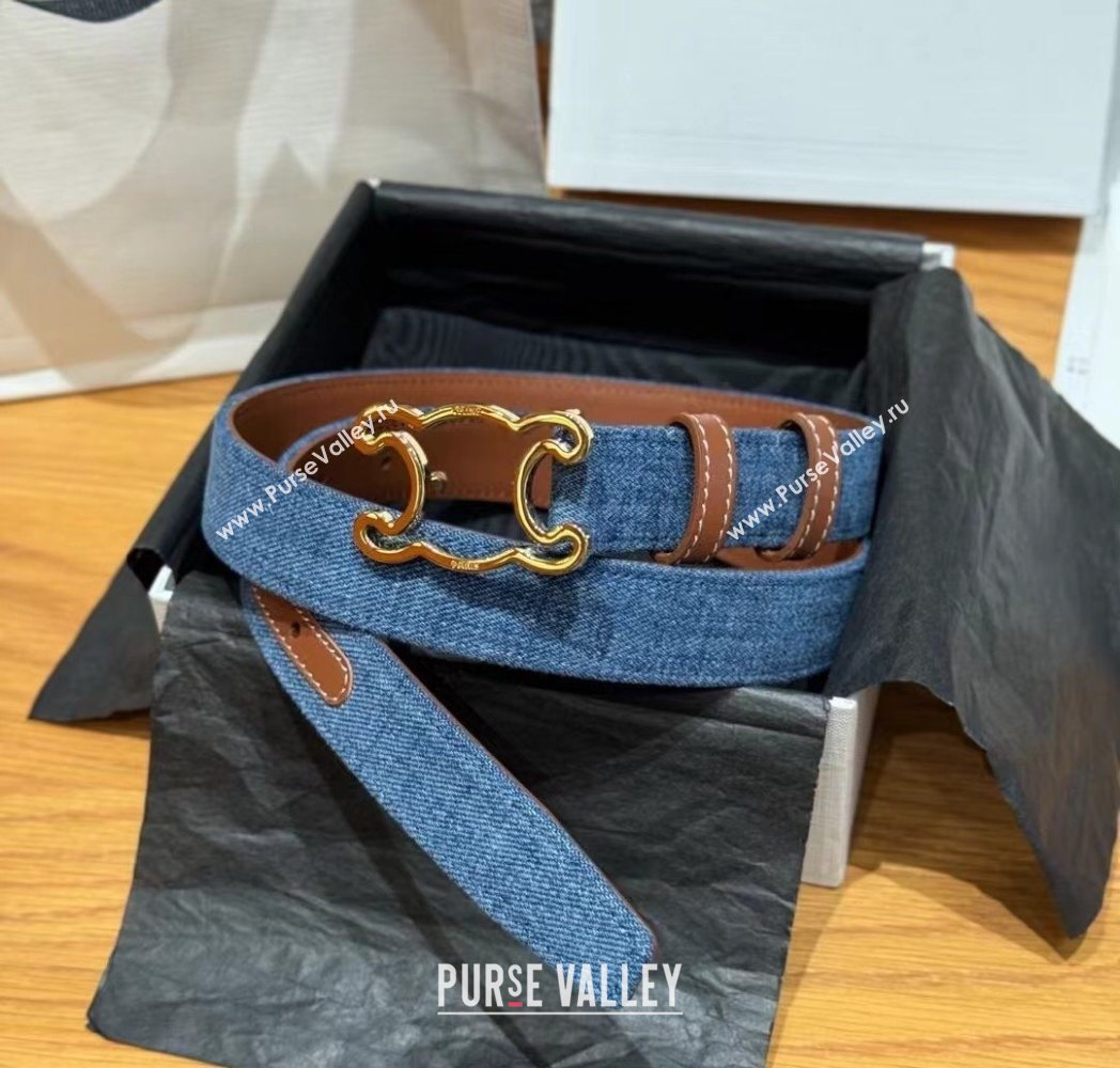 Celine Denim and Leather Belt 2.5cm with Cutout Triomphe Buckle Blue/Brown/Gold 2025 CE091101 (99-250911105)