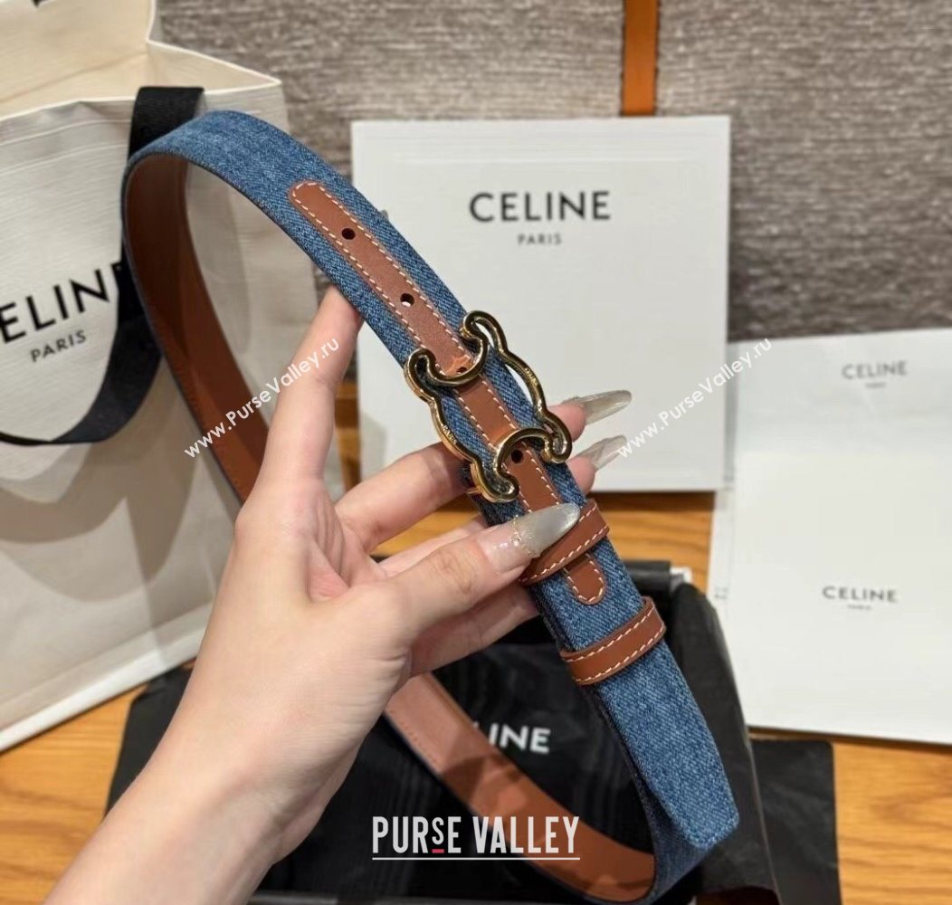 Celine Denim and Leather Belt 2.5cm with Cutout Triomphe Buckle Blue/Brown/Gold 2025 CE091101 (99-250911105)
