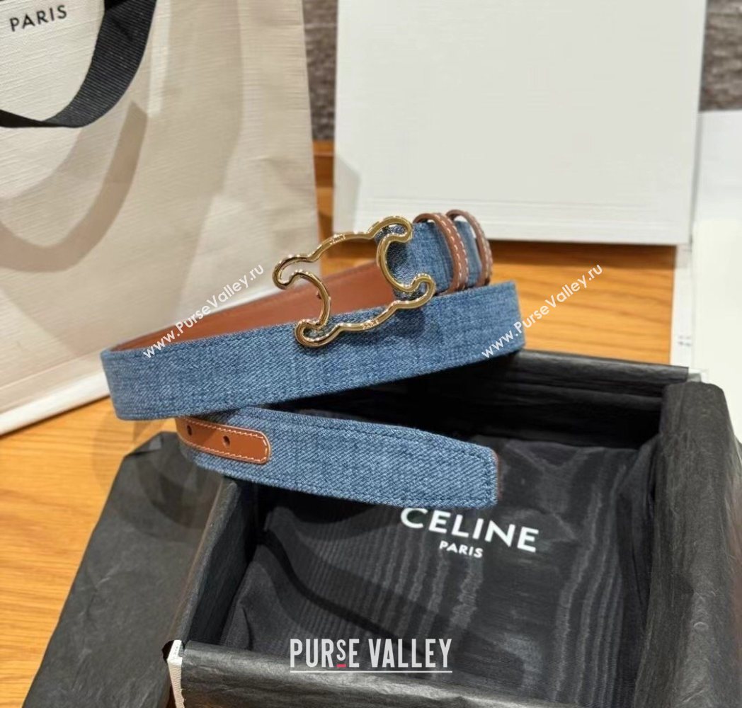 Celine Denim and Leather Belt 2.5cm with Cutout Triomphe Buckle Blue/Brown/Gold 2025 CE091101 (99-250911105)