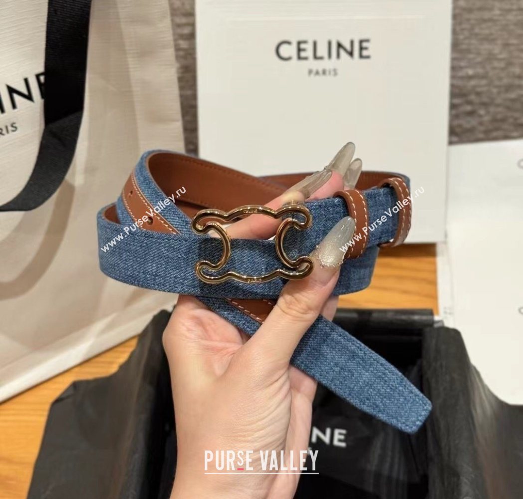 Celine Denim and Leather Belt 2.5cm with Cutout Triomphe Buckle Blue/Brown/Gold 2025 CE091101 (99-250911105)