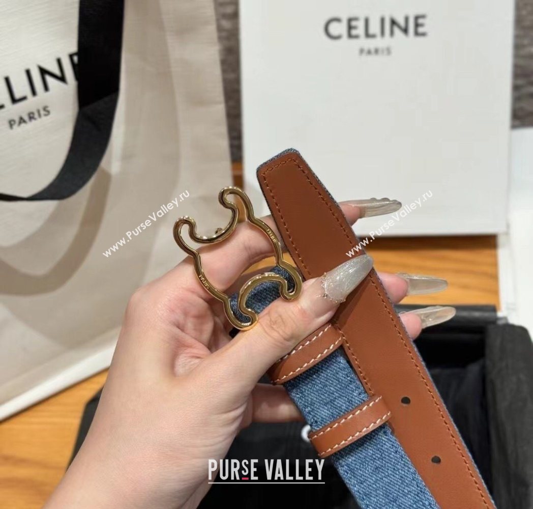 Celine Denim and Leather Belt 2.5cm with Cutout Triomphe Buckle Blue/Brown/Gold 2025 CE091101 (99-250911105)