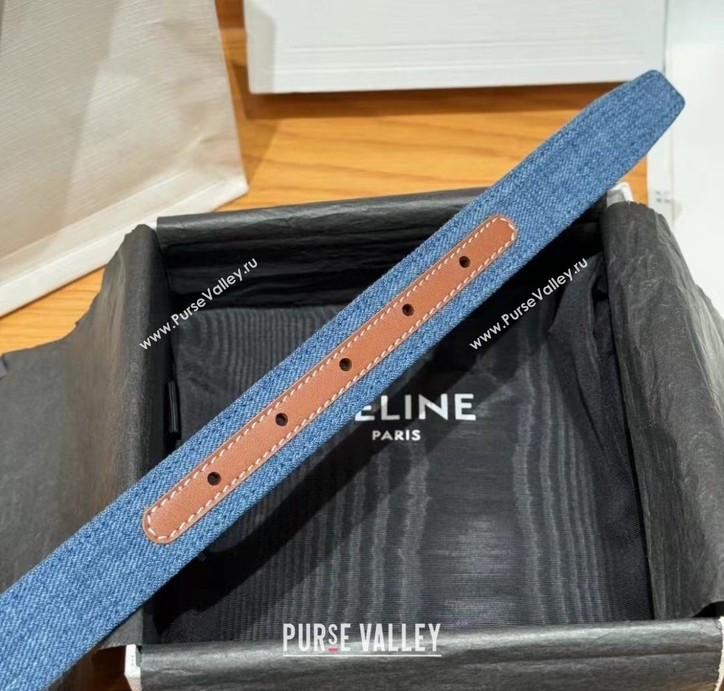Celine Denim and Leather Belt 2.5cm with Cutout Triomphe Buckle Blue/Brown/Gold 2025 CE091101 (99-250911105)