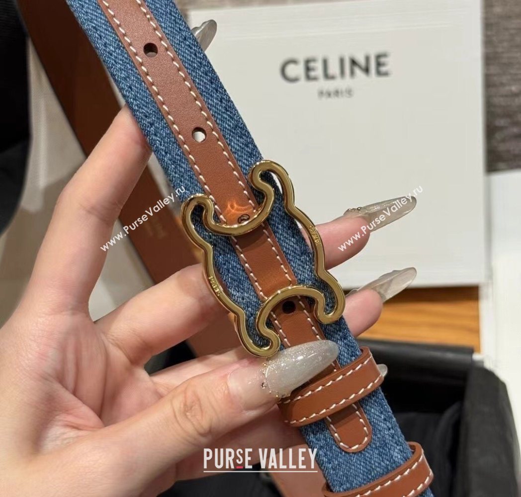Celine Denim and Leather Belt 2.5cm with Cutout Triomphe Buckle Blue/Brown/Gold 2025 CE091101 (99-250911105)