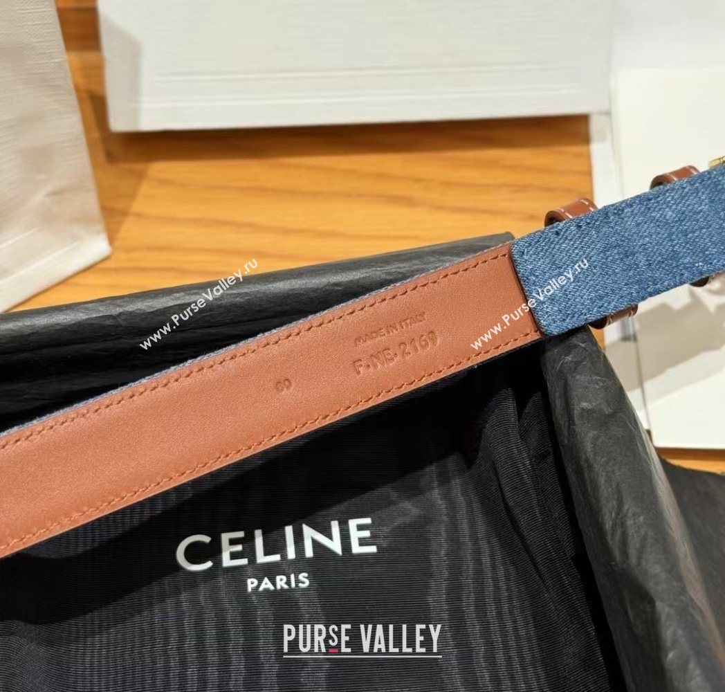 Celine Denim and Leather Belt 2.5cm with Cutout Triomphe Buckle Blue/Brown/Gold 2025 CE091101 (99-250911105)