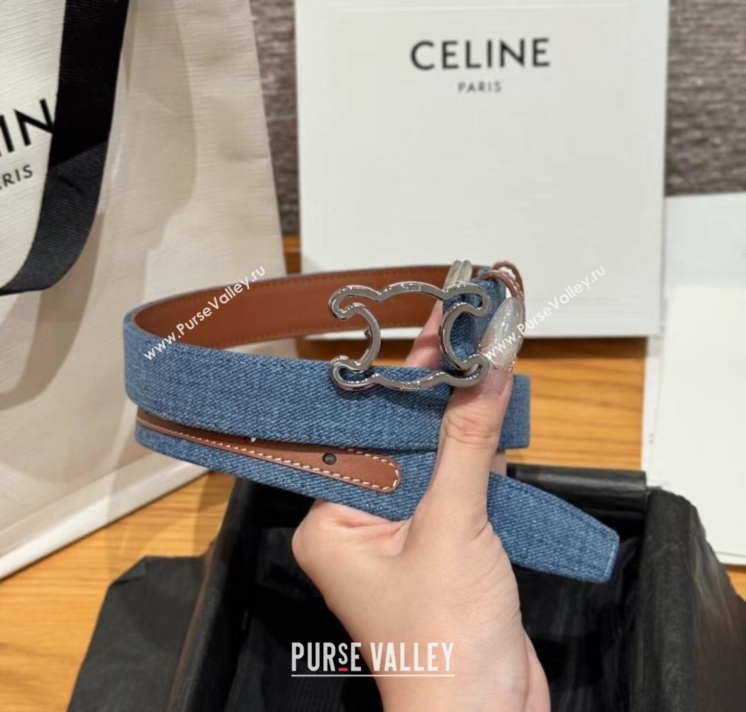 Celine Denim and Leather Belt 2.5cm with Cutout Triomphe Buckle Blue/Brown/Silver 2025 CE091101 (99-250911106)