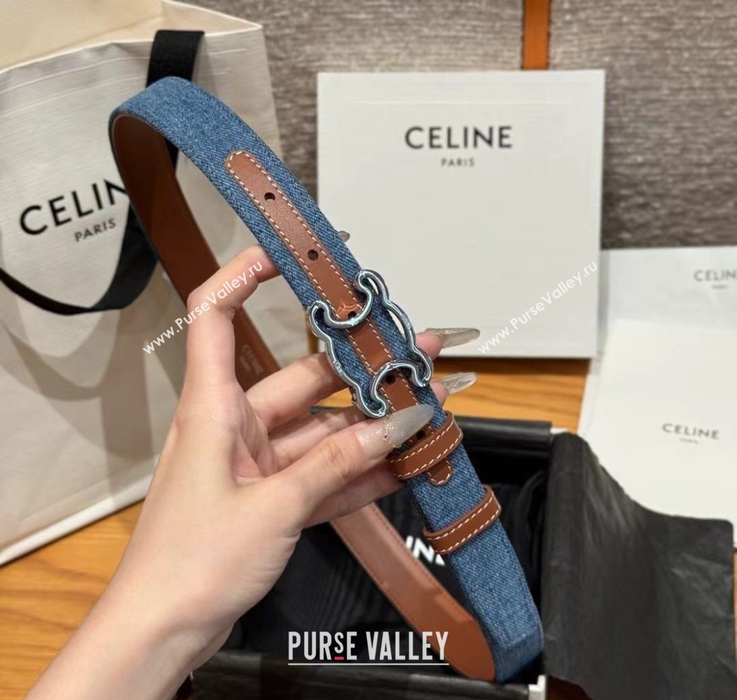 Celine Denim and Leather Belt 2.5cm with Cutout Triomphe Buckle Blue/Brown/Silver 2025 CE091101 (99-250911106)