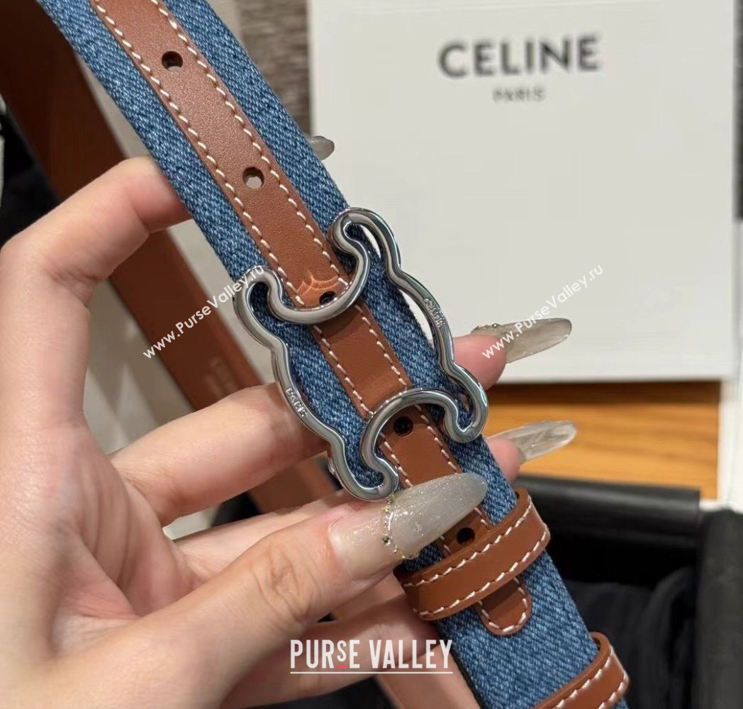 Celine Denim and Leather Belt 2.5cm with Cutout Triomphe Buckle Blue/Brown/Silver 2025 CE091101 (99-250911106)