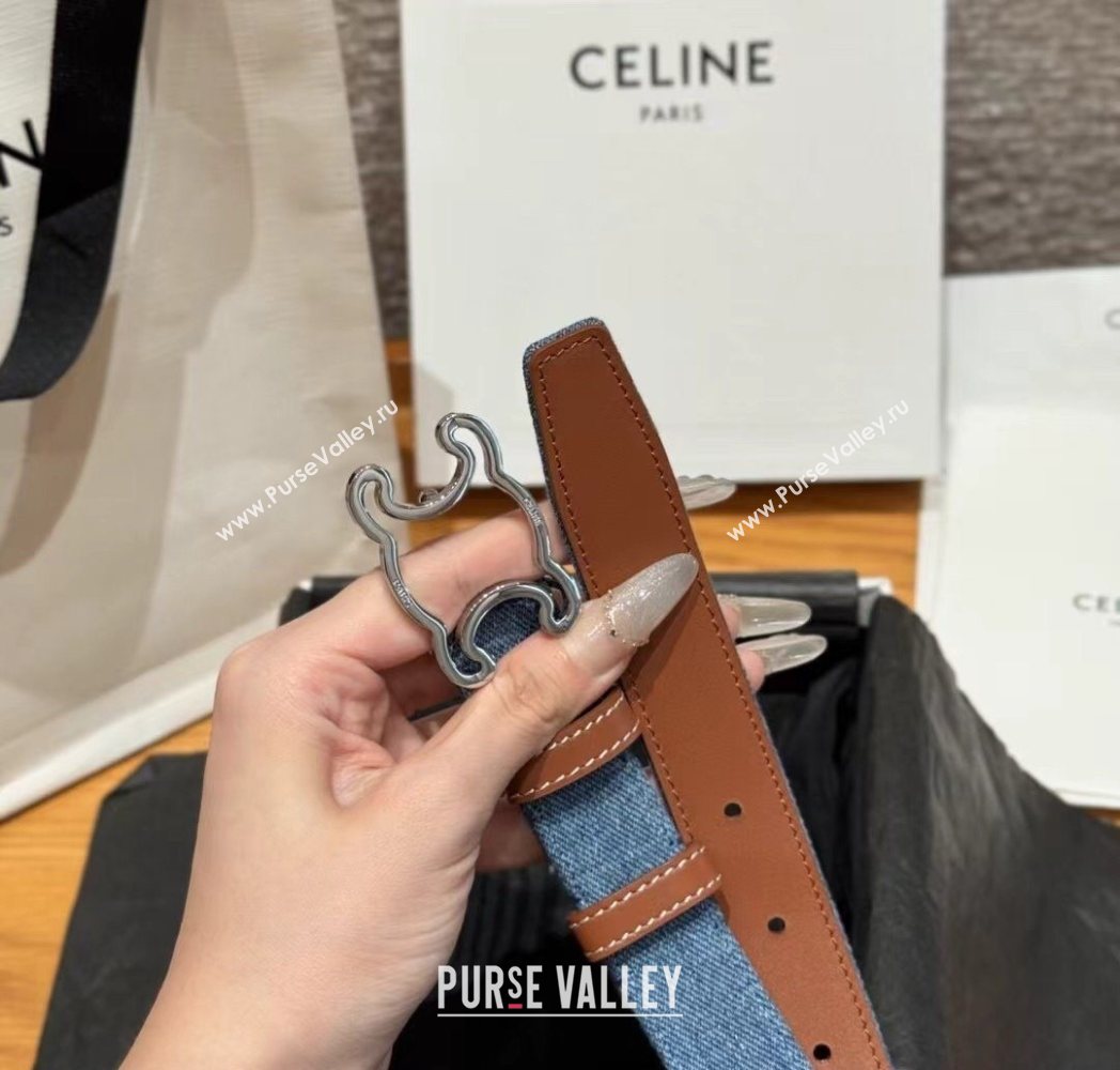 Celine Denim and Leather Belt 2.5cm with Cutout Triomphe Buckle Blue/Brown/Silver 2025 CE091101 (99-250911106)