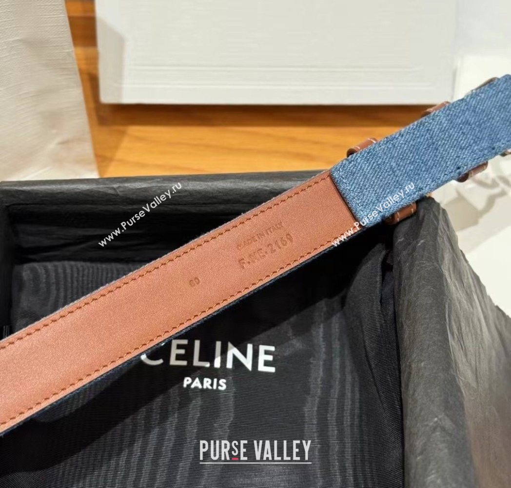 Celine Denim and Leather Belt 2.5cm with Cutout Triomphe Buckle Blue/Brown/Silver 2025 CE091101 (99-250911106)