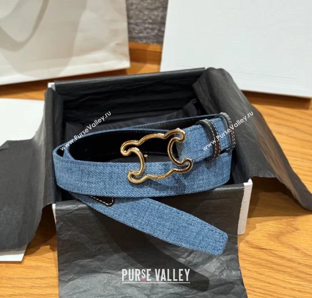 Celine Denim and Leather Belt 2.5cm with Cutout Triomphe Buckle Blue/Black/Gold 2025 CE091101 (99-250911107)