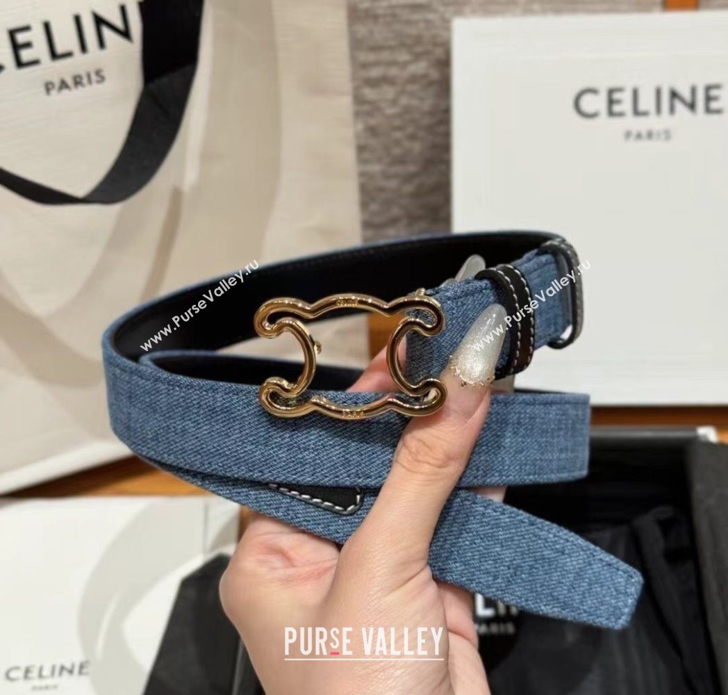 Celine Denim and Leather Belt 2.5cm with Cutout Triomphe Buckle Blue/Black/Gold 2025 CE091101 (99-250911107)