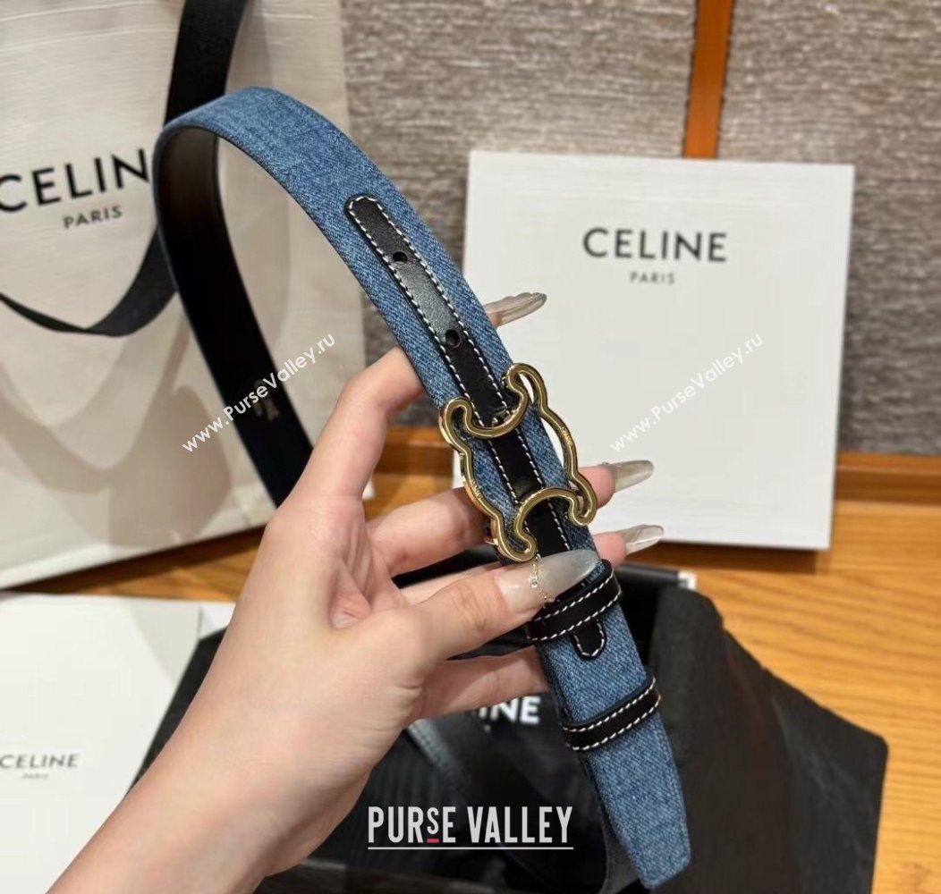 Celine Denim and Leather Belt 2.5cm with Cutout Triomphe Buckle Blue/Black/Gold 2025 CE091101 (99-250911107)